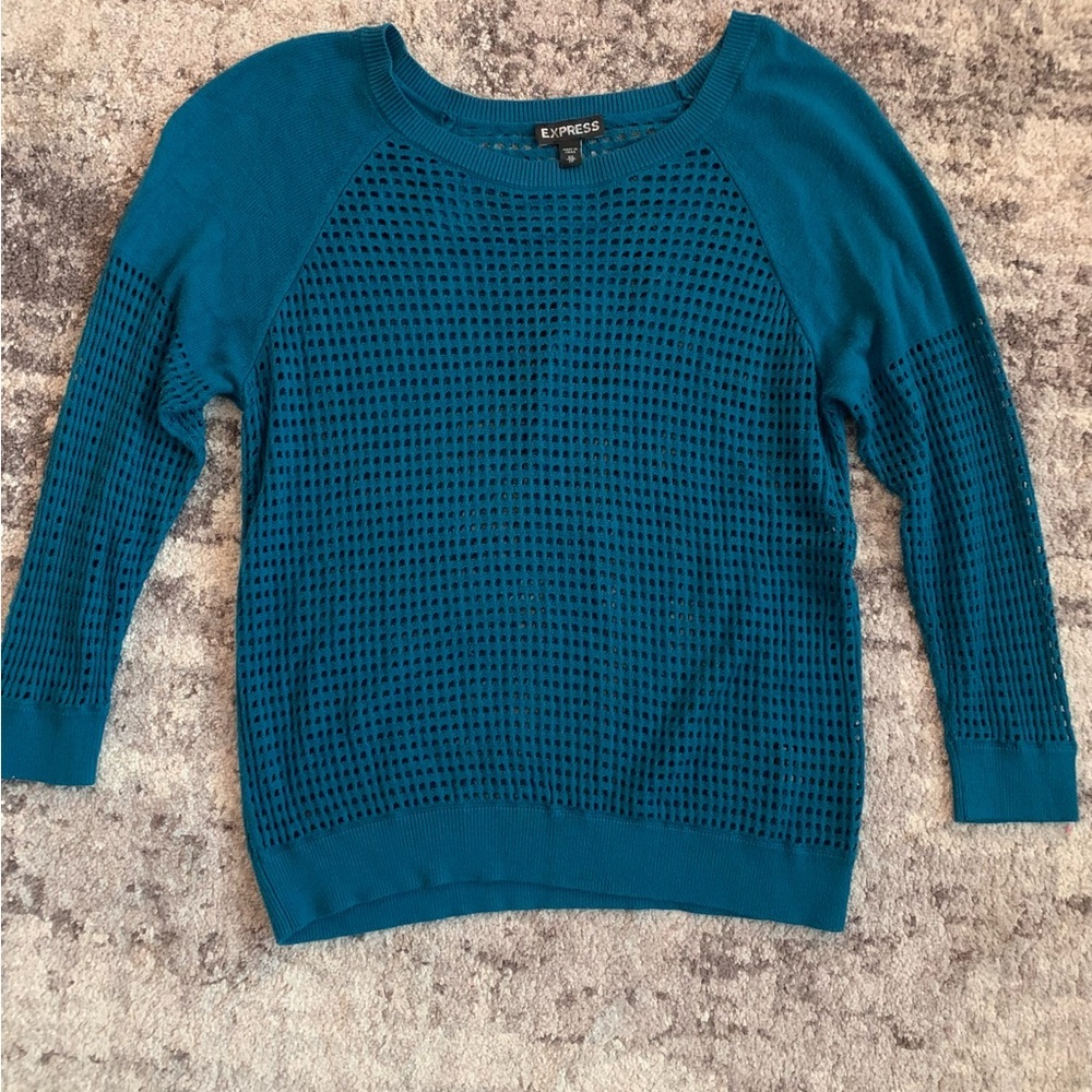 Express Teal Crew Neck Sweater with Holes for Accent Layer
